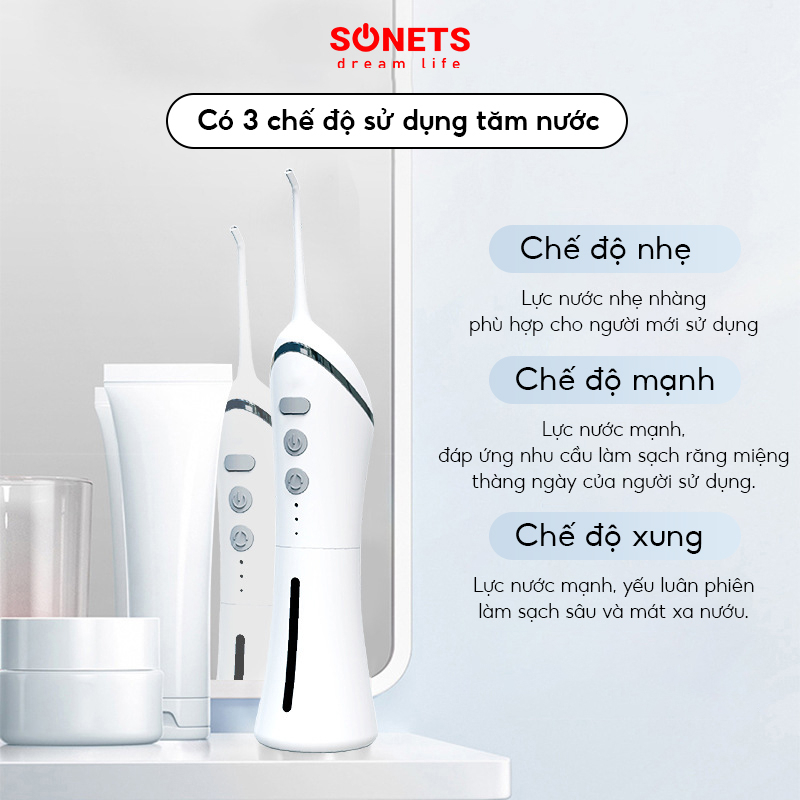 Tăm Nước Nha Khoa SONETS Zinso, Máy Tăm Nước Cầm Tay Cao Cấp 3 Chế Độ, Thân Máy Chống Nước IPX7 Pin 1400mAh