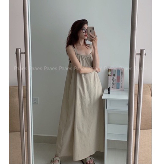 Váy linen hai dây xoè chữ A rộng freesize có túi PAAES