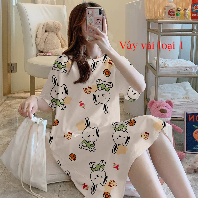 Váy Nữ, Đầm Ngủ Cộc Tay sexy, Đầm Ngủ Suông Chất Cotton Mềm Mát Mặc Nhà Dễ Thương_VN33