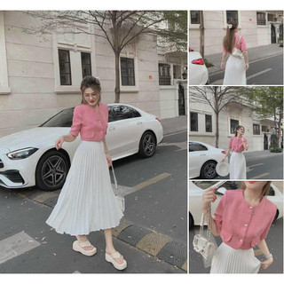 Set Áo Công Sở Linen Hồng Cài Nút Kèm Chân Váy Voan Dập Ly