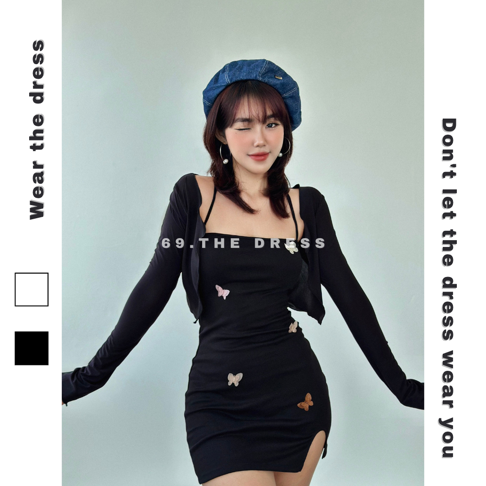 Đầm body nữ hai dây chéo lưng dáng ngắn form ôm xẻ tà, hoạ tiết bươm bướm kèm áo khoác cardigan tay loe