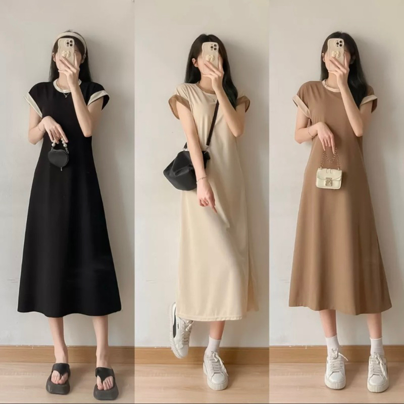 Đầm suông dáng dài tay hến basic chất tổ ong- váy suông cổ tròn form rộng ba màu cá tính
