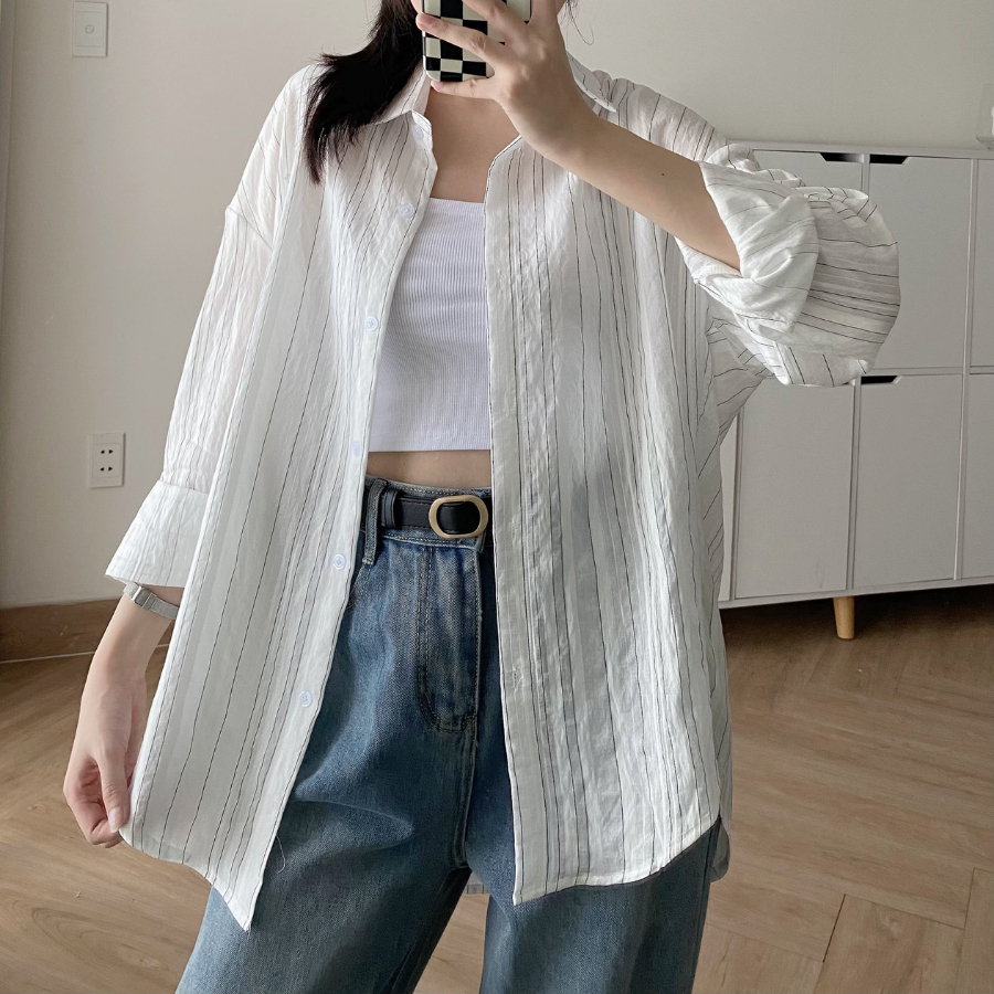Áo sơ mi form rộng nữ chất vải sọc tơ thô CHYY 10507 - Jemcloset