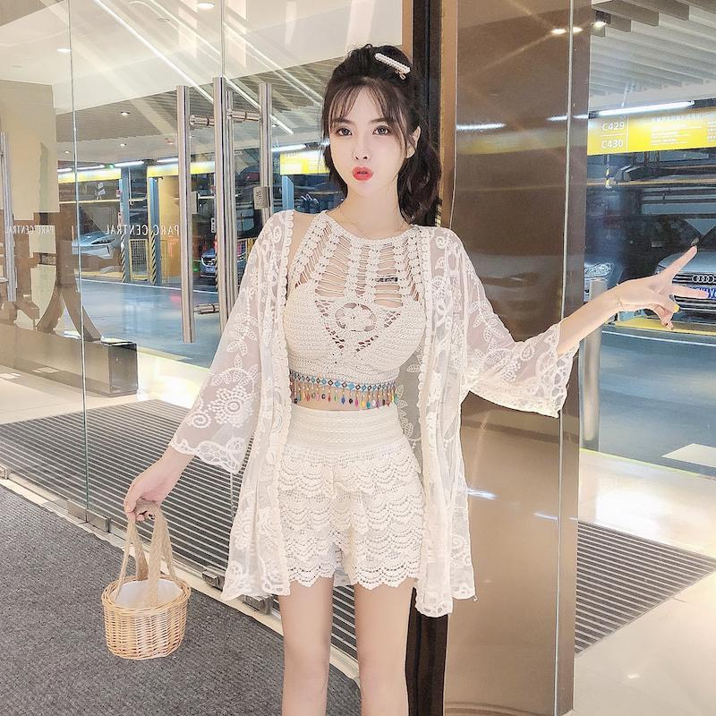 Set Bikini Bộ Đồ Bơi Nữ 3 Món Có tách Rời Bra Đính Hạt Họa Tiết Thổ Cẩm Kín Đáo Chất Liệu Len Móc Hottrend 2023
