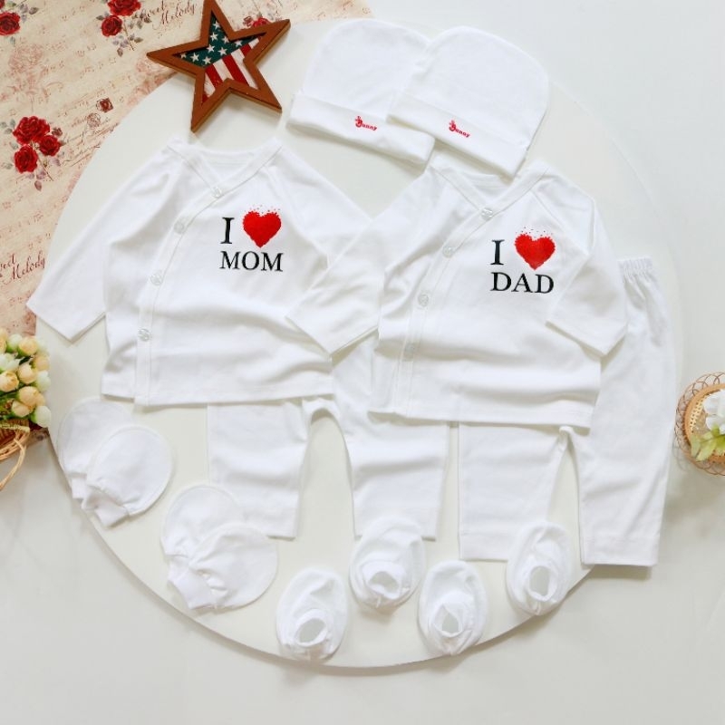 Bunnybaby - Combo 2 bộ sơ sinh I love Mom+ Dad BUNNY bao gồm nón vớ