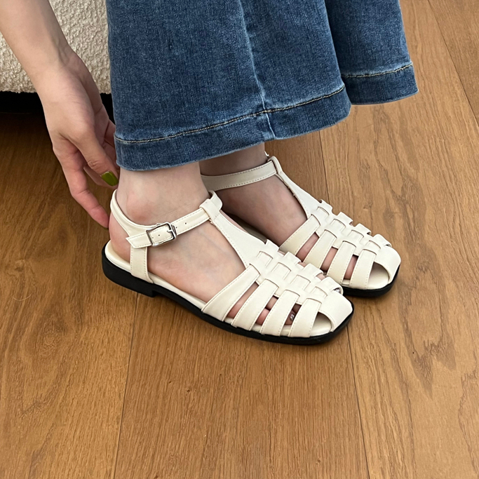 Giày Sandal/Dép Xương Cá Quai Hậu Đế Thấp Khóa Cài Đơn Giản Thanh Lịch - Sốp Nhỏ