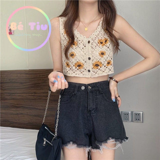 Áo Tank Top Sát Nách Len Dệt Kim VinTage Boho Họa Tiết Đan Thêu Hoa Cổ Điển Phối Khuy Dáng Rộng Hottrend Mùa Hè 2023