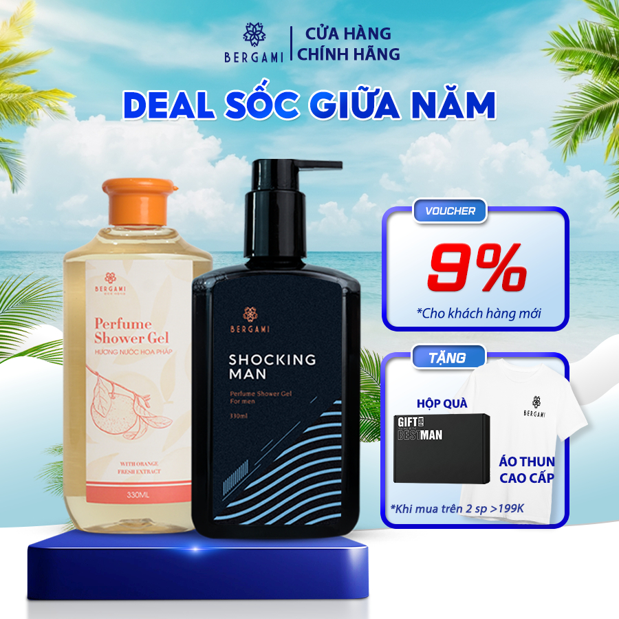 Combo Sữa Tắm Nước Hoa Nam Bergami Shocking Man 330ml/chai và Sữa Tắm Nữ Vitamin C, Lưu Hương 6H 330ml/chai