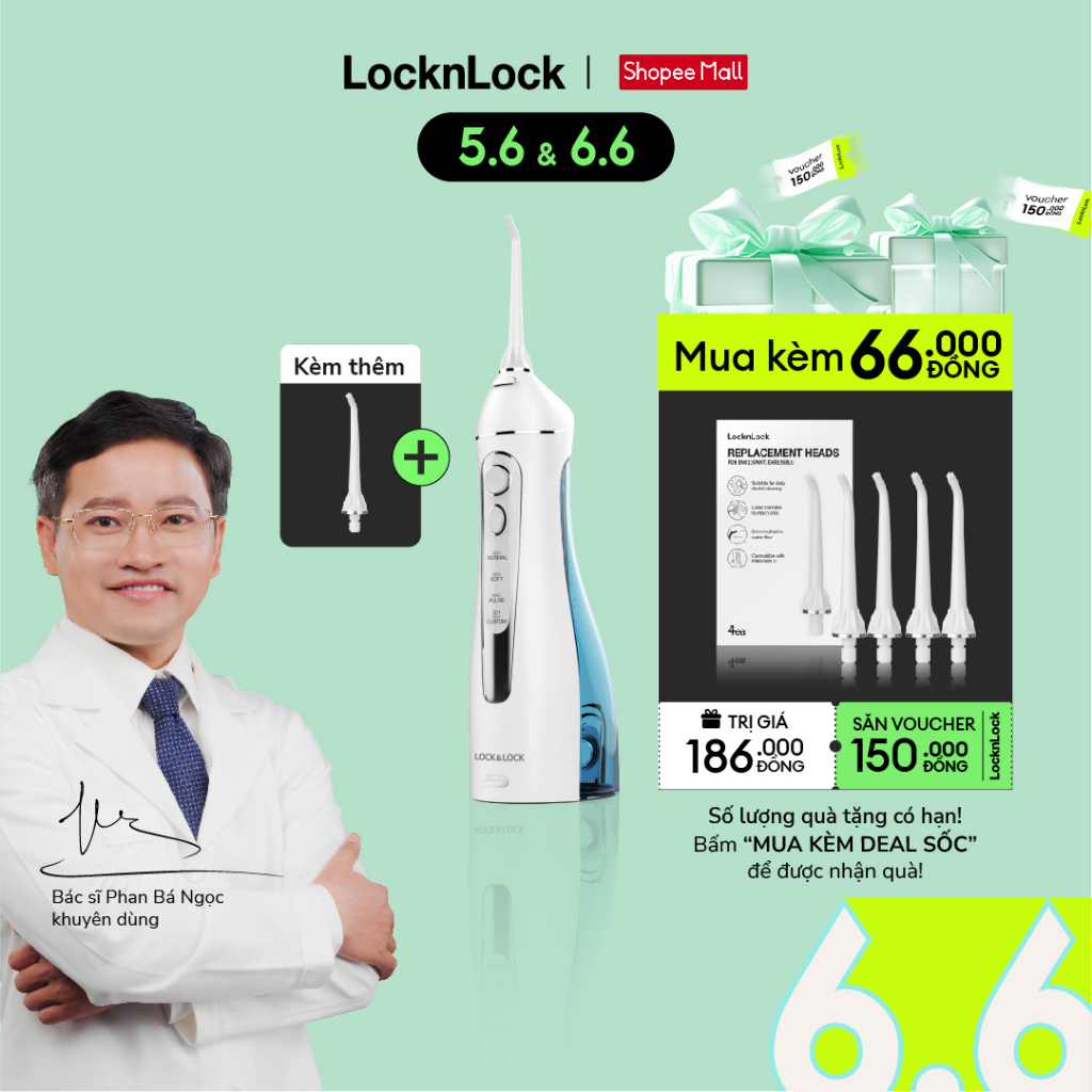 Máy tăm nước không dây 4 chế độ dùng được răng niềng Lock&Lock Cordless Oral Irrigator 200ml - Màu xanh - ENR156BLU