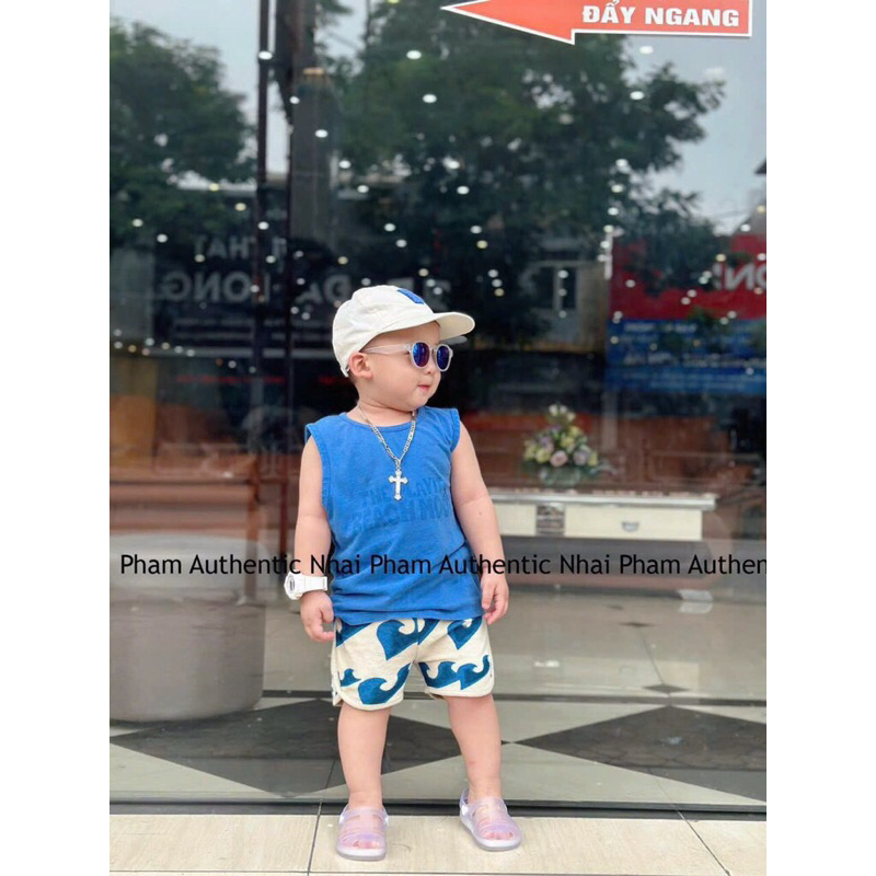 BỘ SN XANH QUẦN HOẠ TIẾT CHO BÉ KÈM MŨ