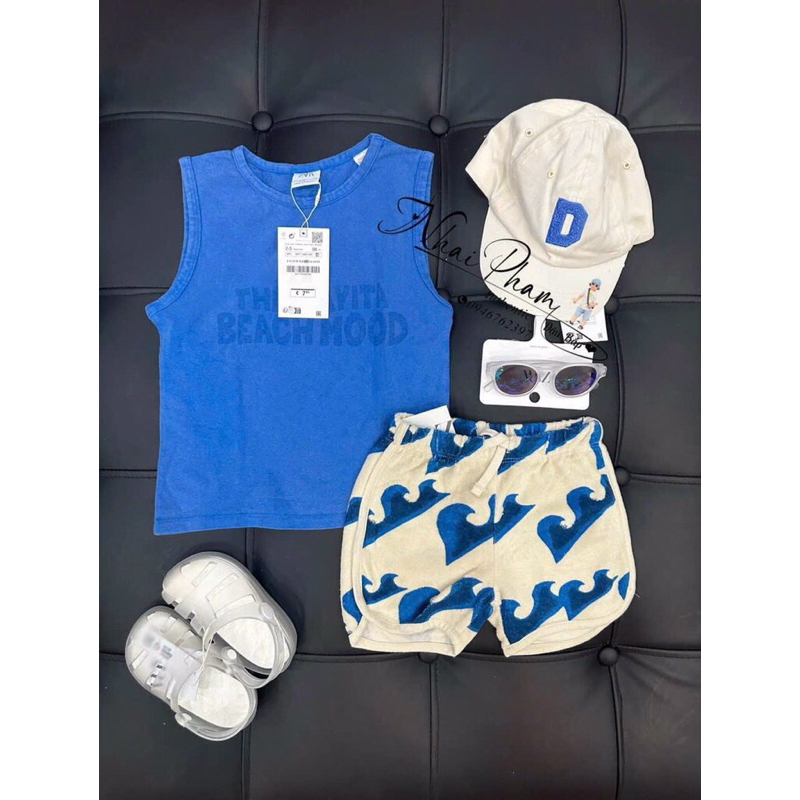 BỘ SN XANH QUẦN HOẠ TIẾT CHO BÉ KÈM MŨ