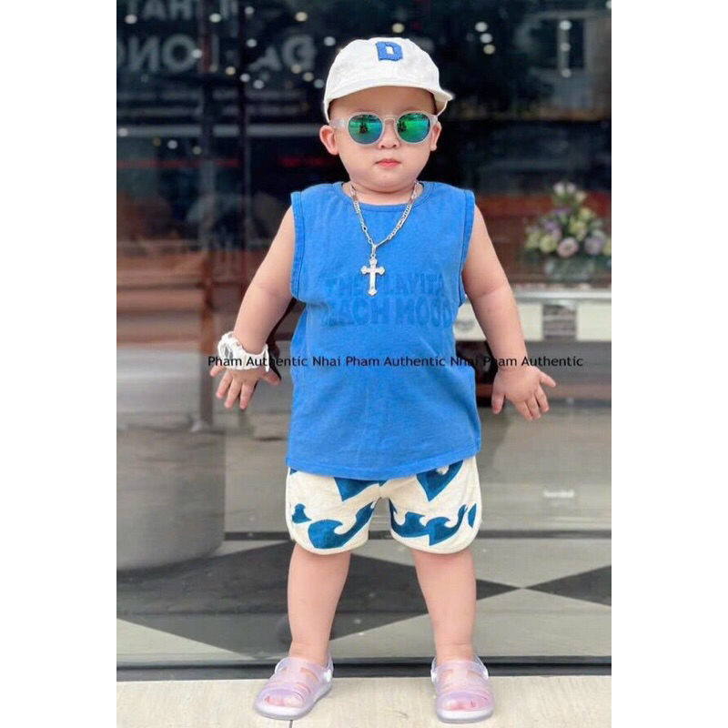 BỘ SN XANH QUẦN HOẠ TIẾT CHO BÉ KÈM MŨ