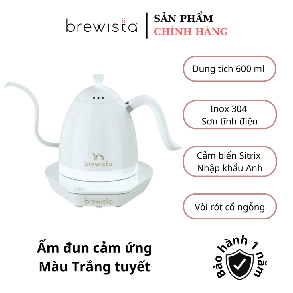 Ấm đun cảm ứng chuyên dụng rót cà phê Kettle 600ml - Trắng tuyết (Chính hãng Brewista)