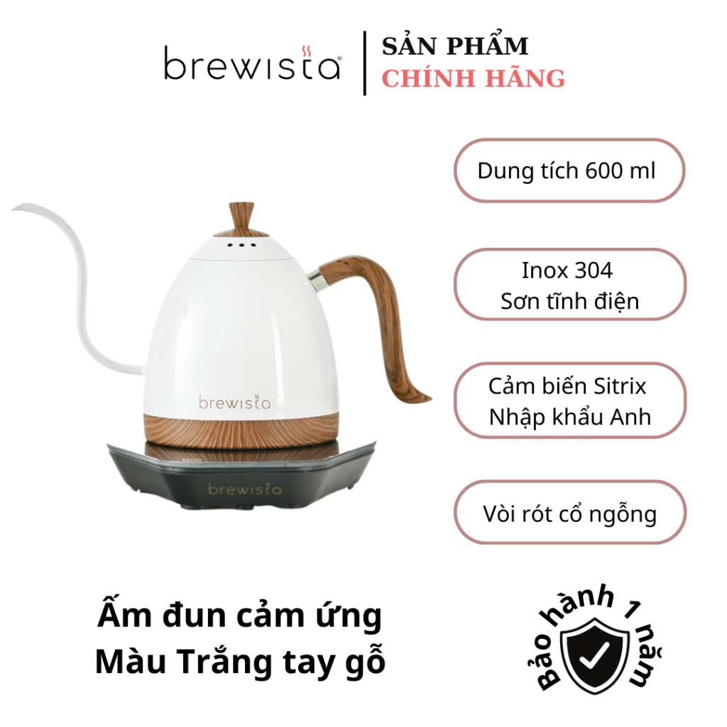 Ấm đun cảm ứng chuyên dụng rót cà phê Kettle 600ml - Trắng tay gỗ (Chính hãng Brewista)