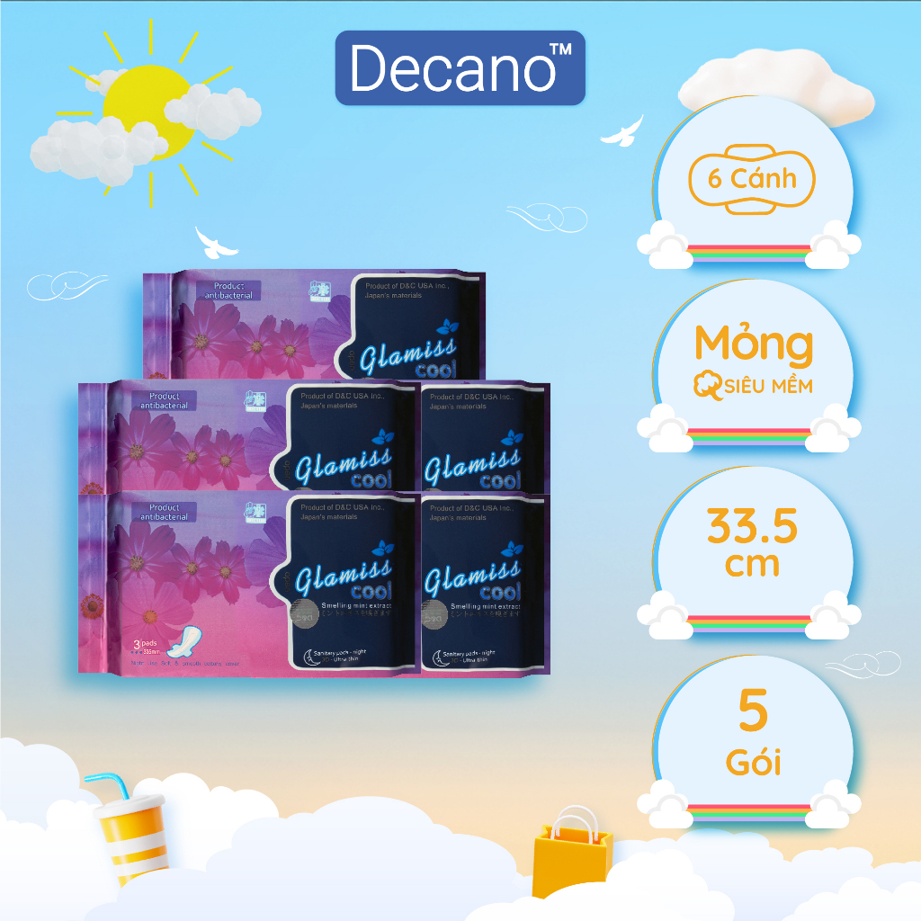 Combo 5 gói băng vệ sinh thảo dược Glamiss ban đêm 33.8cm Decano Store