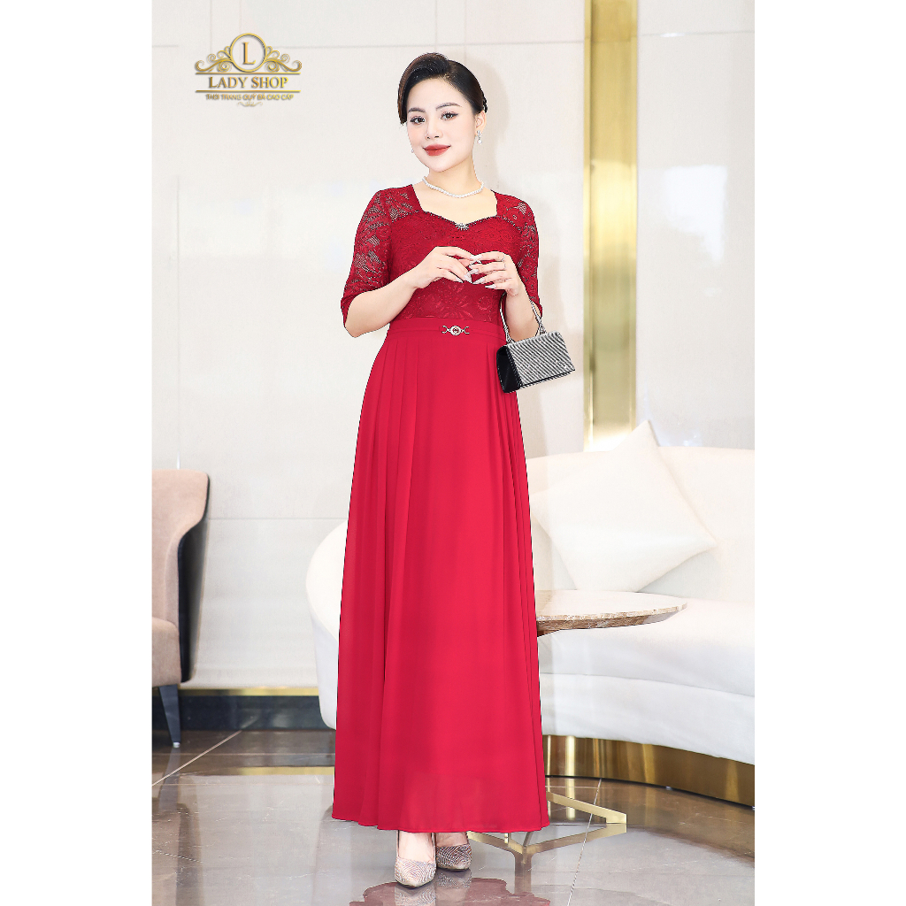 Đầm maxi ren cổ lượn phối voan Ladyshop thời trang trung niên cao cấp T169