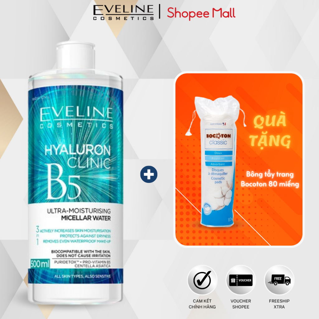 Combo Nước Tẩy Trang Eveline Hyaluronic B5 500ML tặng bông tẩy trang 80 Miếng