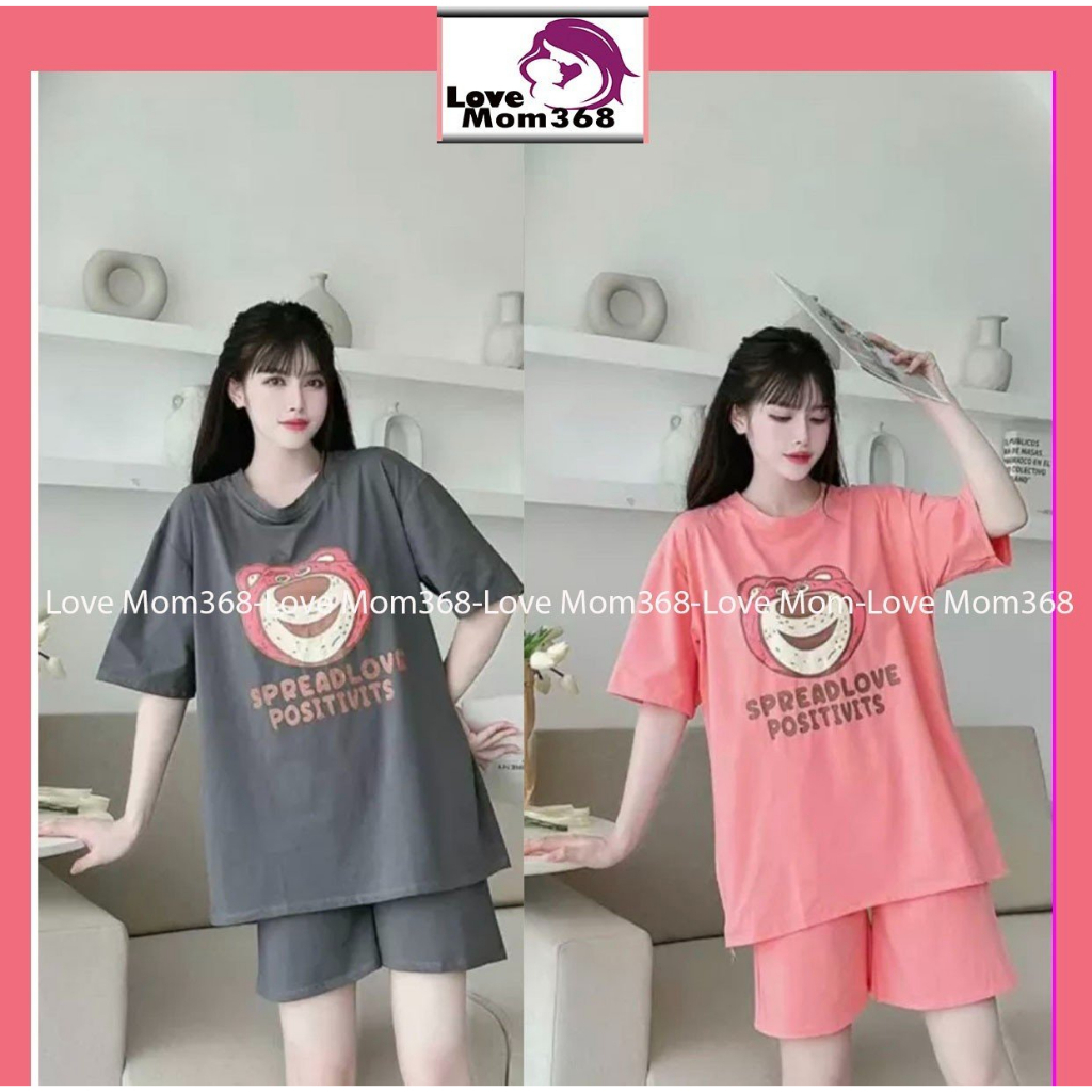 Bộ Bầu Đẹp Mặt Gấu Cộc Tay Mùa Hè Chất Cotton Mềm Mát. Quần Có Chun Chỉnh Bụng Thoải Mái HN377 Love Mom368