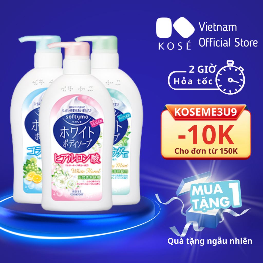 Sữa tắm dưỡng ẩm trắng da Kose Softymo White Body Soap Hương Collagen phục hồi da hư tổn 600ml