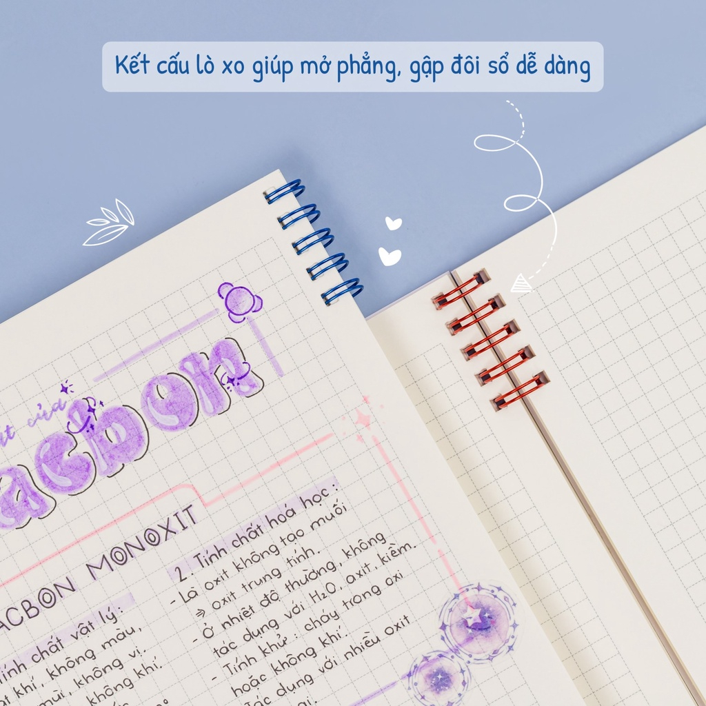 Sổ lò xo kép 2 đầu Caro nét đứt 6x6 mm B5 120 trang Ms 504, tập vở Klong viết không cộm tay 100gsm