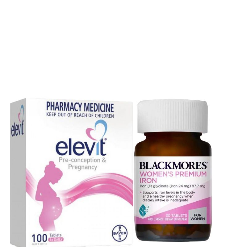 Bộ tứ vitamin bầu úc Elevit bầu, Canxi Ostelin bầu, DHA bioisland bầu, Sắt blackmores bầu