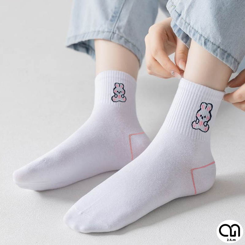 Tất Vớ Cổ Cao Nữ Màu Hồng Thêu Họa Tiết Dễ Thương Thời Trang Unisex Style Hàn Quốc