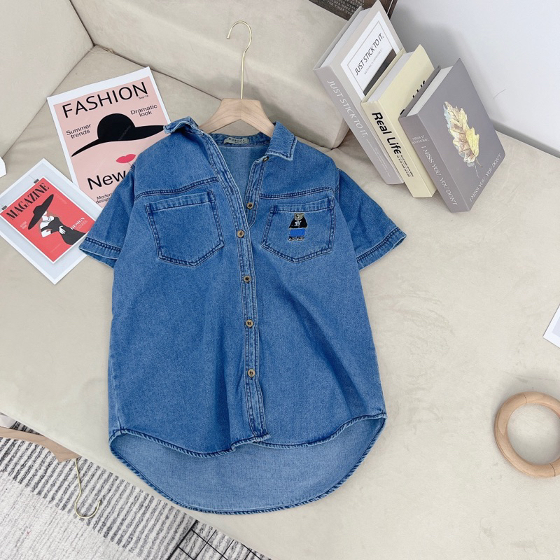 Áo Sơmi Nữ Jean Tay Cộc Thêu Gấu Phong Cách Hàn Quốc