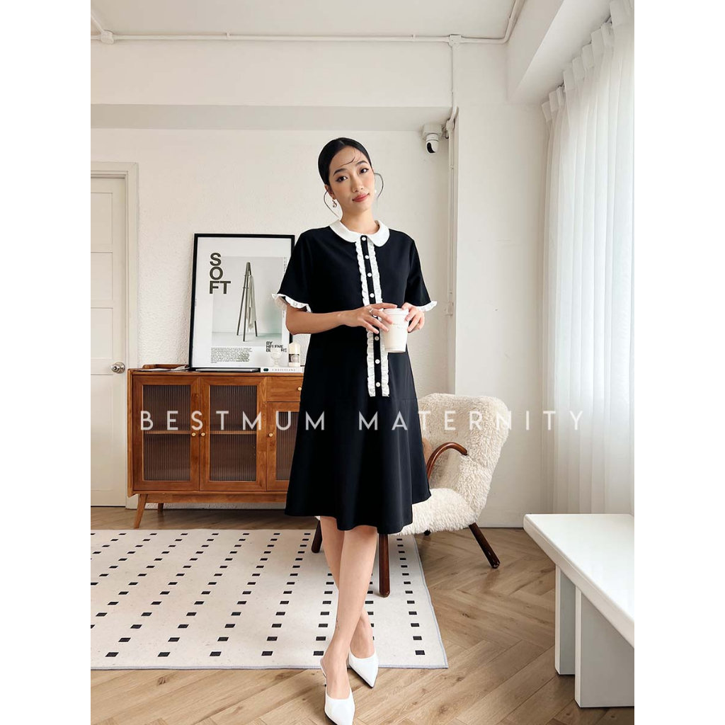 VÁY BẦU DÁNG CHỮ A CỔ SEN CÁCH ĐIỆU HÀNG KHUY VIỀN BÈO BESTMUM / D0314