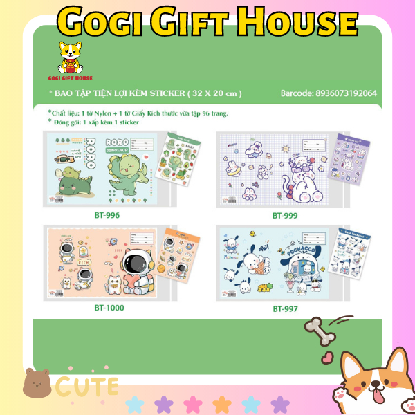 Bìa bao tập vở học sinh tiện lợi kèm sticker họa tiết hoạt hình dễ thương set 10