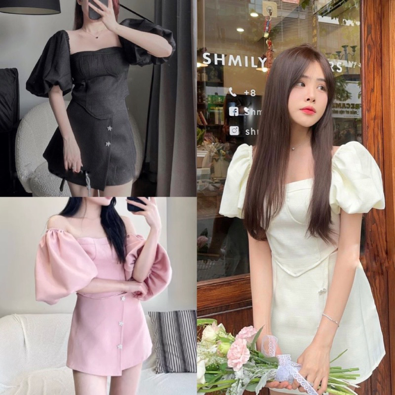 [S2.214] Set Áo Tay Bồng Cúp Ngực Mix Chân Váy Chữ A Nơ Đá Hàng 2 Lớp, Set Bộ Nữ Croptop Sang Chảnh Có Ảnh Thật