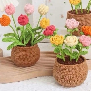Chậu hoa len để bàn handmade-hoa hồng- hoa cúc-tulip