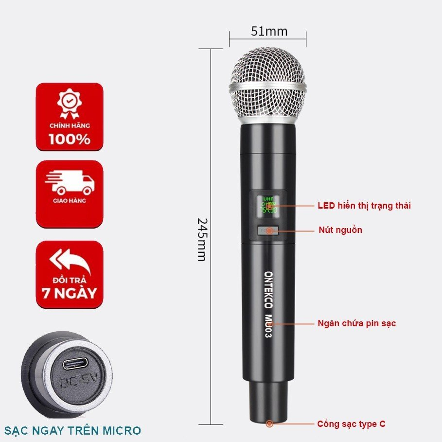Micro hát karaoke pin sạc ONTEKCO MU03 không dây -  sạc ngay trên tay micro phù hợp mọi loa kéo, amply gia đình