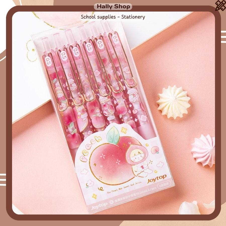 Bút bi cute gel bấm ngòi 0.5mm cao cấp hoạt tiết quả đào dễ thương mực đều nét chữ đẹp - Hally shop