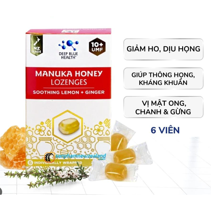 Kẹo ngậm mật ong Manuka UMF 10+ Deep Blue Health Manuka Honey Lozenges vị chanh & gừng 6 viên