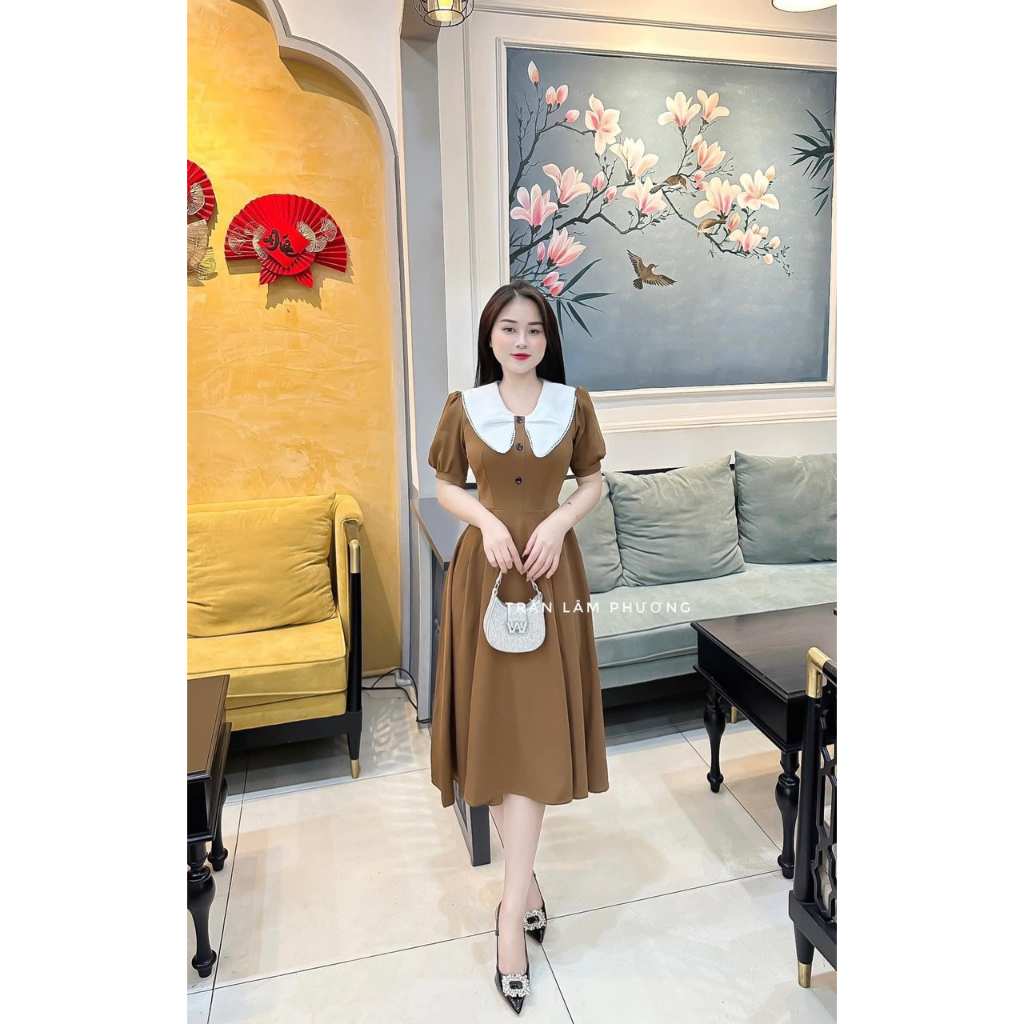 [6,6 Sales Freeship] Đầm nữ tiểu thư vintage dáng dài, đầm suông trơn màu cổ trắng bèo tay búp phồng đi tiệc nhẹ nhàng