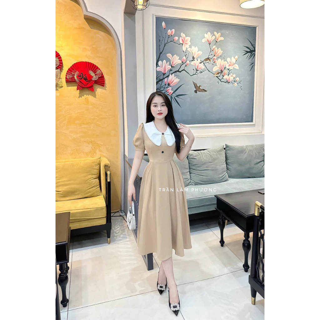 [6,6 Sales Freeship] Đầm nữ tiểu thư vintage dáng dài, đầm suông trơn màu cổ trắng bèo tay búp phồng đi tiệc nhẹ nhàng
