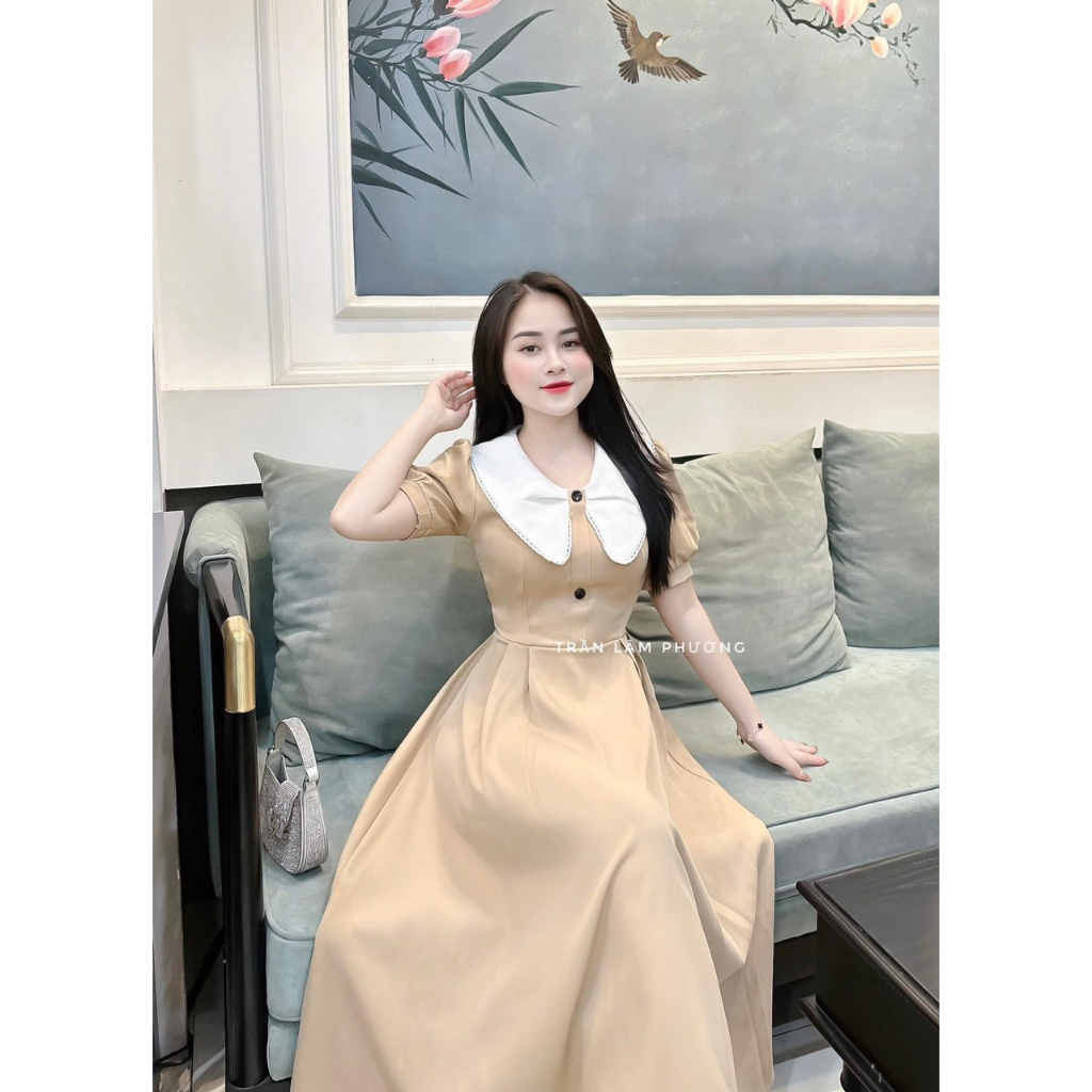 [6,6 Sales Freeship] Đầm nữ tiểu thư vintage dáng dài, đầm suông trơn màu cổ trắng bèo tay búp phồng đi tiệc nhẹ nhàng