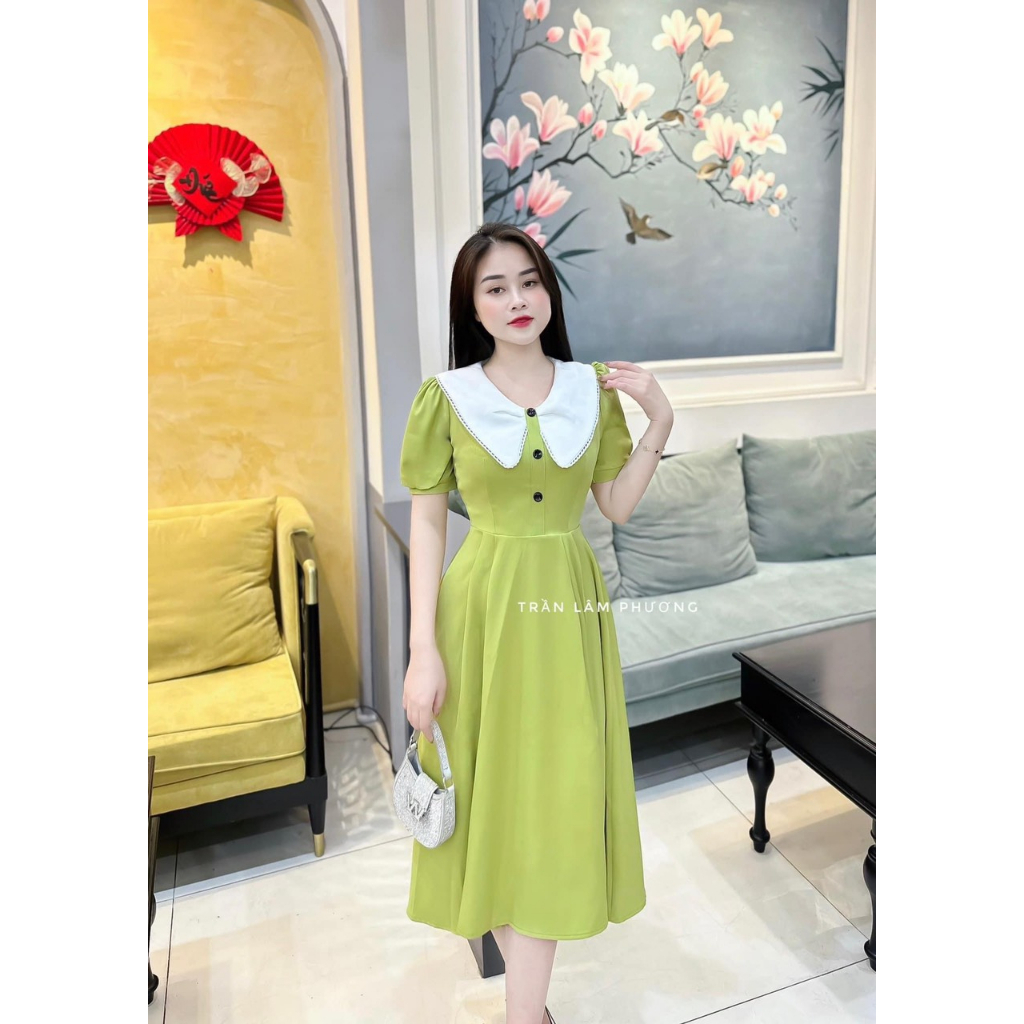 [6,6 Sales Freeship] Đầm nữ tiểu thư vintage dáng dài, đầm suông trơn màu cổ trắng bèo tay búp phồng đi tiệc nhẹ nhàng