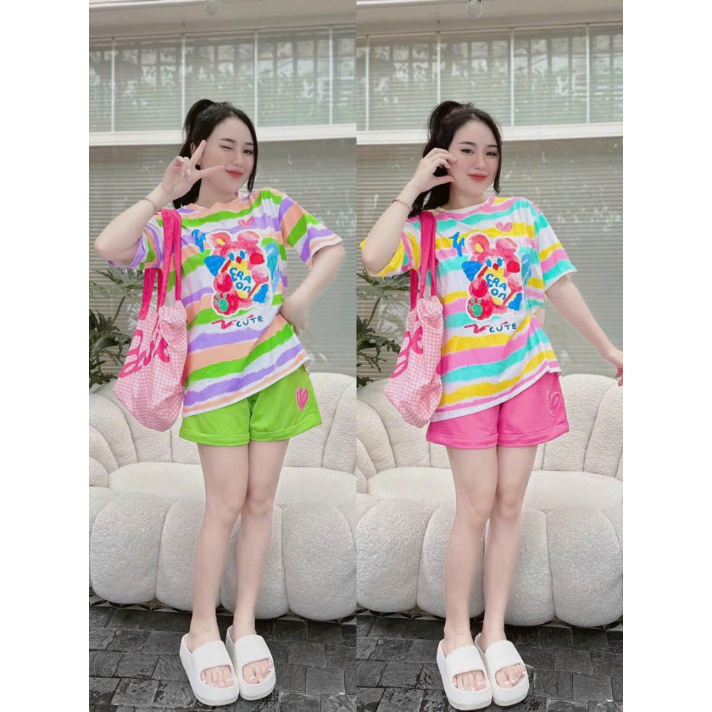 [6.6 Sales Freeship] SET bộ đùi mẫu mới, set bộ đùi thun cầu vòng in hoạt hình mix quần sooc đùi đi chơi dễ thương