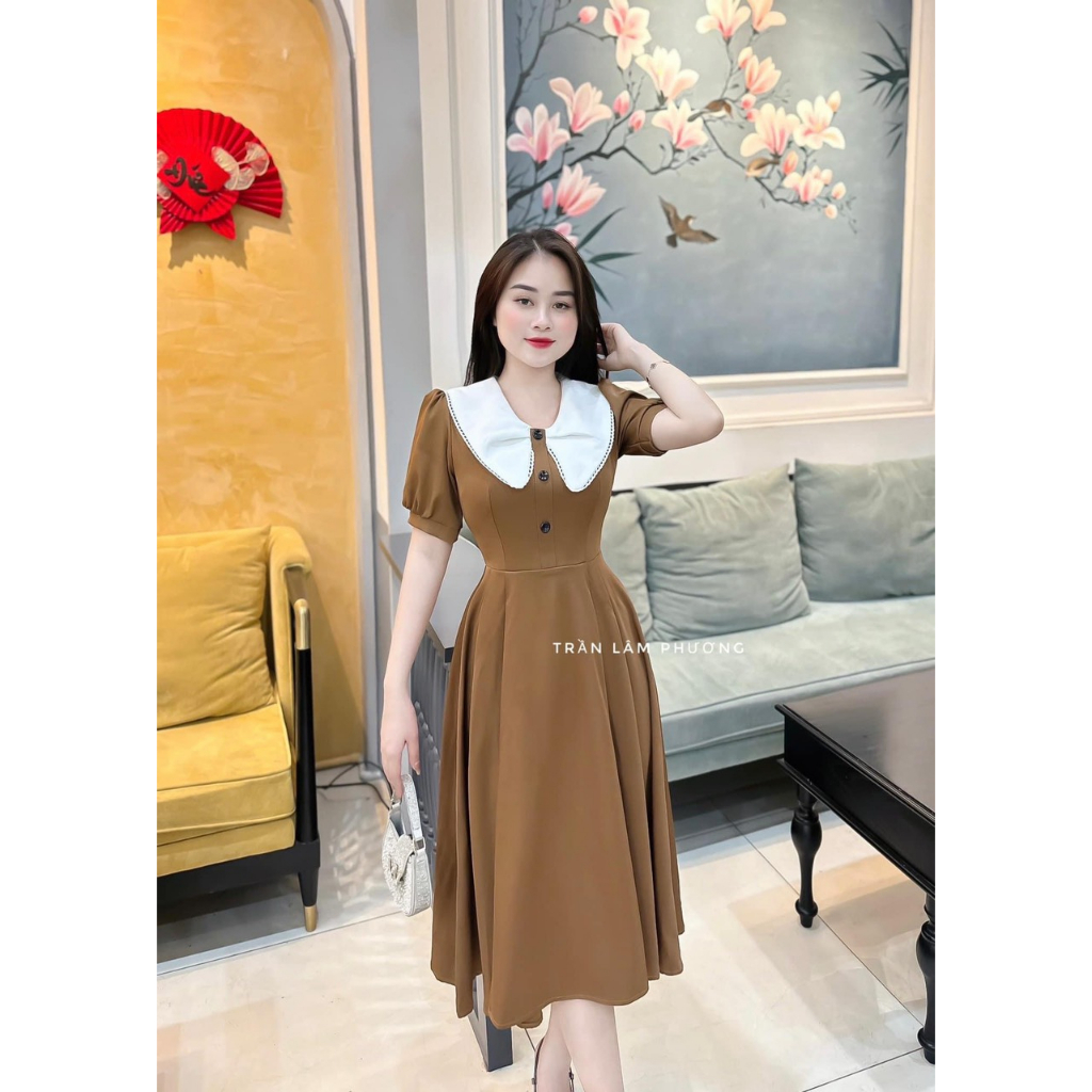 [6,6 Sales Freeship] Đầm nữ tiểu thư vintage dáng dài, đầm suông trơn màu cổ trắng bèo tay búp phồng đi tiệc nhẹ nhàng