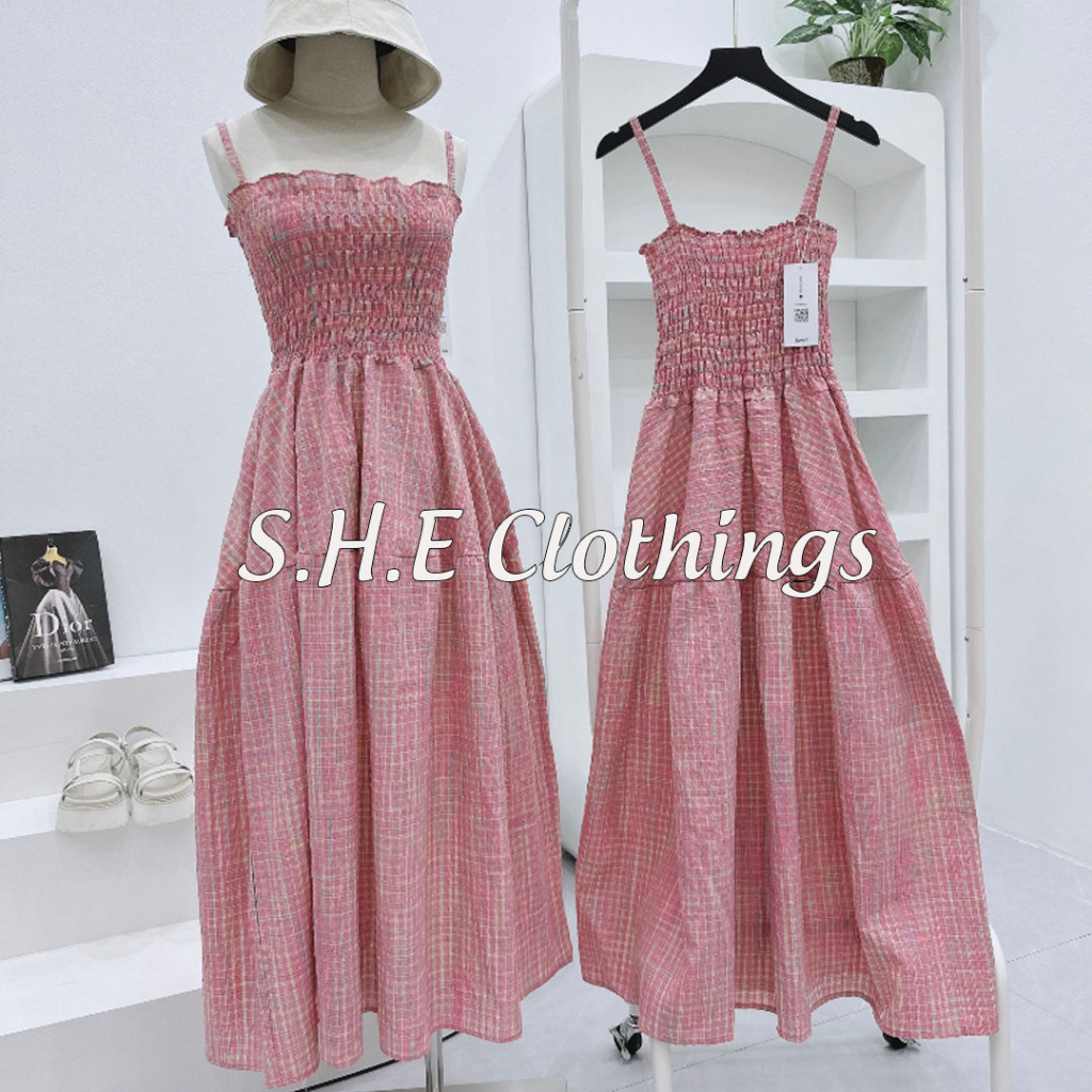 Váy 2 Dây Maxi Kẻ Caro Xốp Nhăn Hồng Chun Thân Đầm 2s Dáng Dài Xòa Rộng Freesize S033