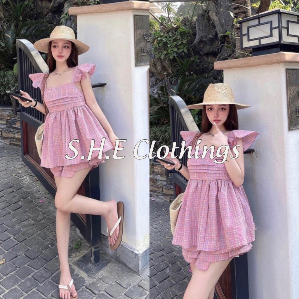 Set Bộ Nữ Kẻ Caro Xốp Nhăn Áo Babydoll 2 Dây Cánh Tiên Chun Lưng Kèm Quần Short Đùi Tầng Freesize S032