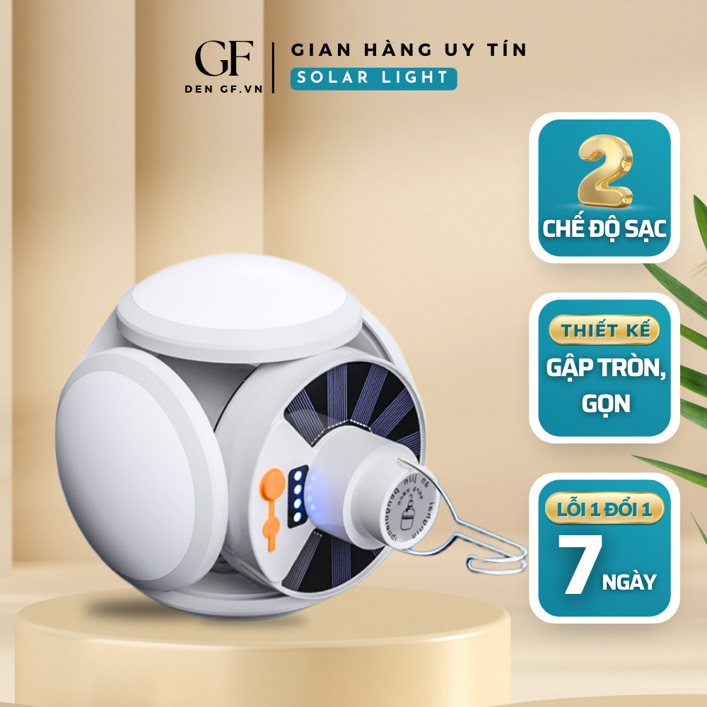 Đèn LED tích điện năng lượng mặt trời 4 cánh 5 bóng kèm dây sạc USB và điều khiển từ xa có móc treo tiện lợi