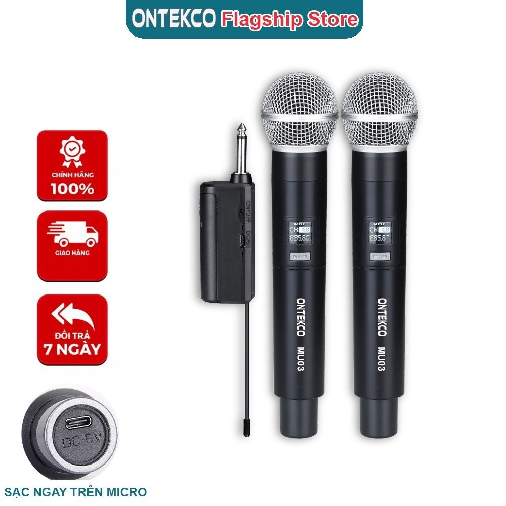 Bộ 02 Micro Không dây Chính hãng ONTEKCO MU02/ MU03 pin sạc cao cấp - Chuyên dụng hát Karaoke Loa kéo, Amply