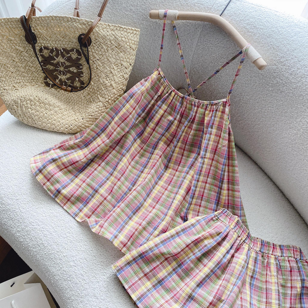 SET ÁO BABYDOLL 2 DÂY CARO MÀU + SHORT