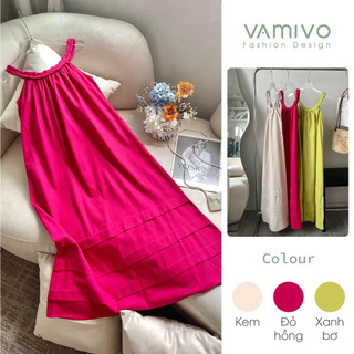 Đầm linen suông yếm dây đan dáng dài, váy đi biển đầm maxi VDB03 Vamivo vải linen Hàn, hàng may kỹ loại đẹp