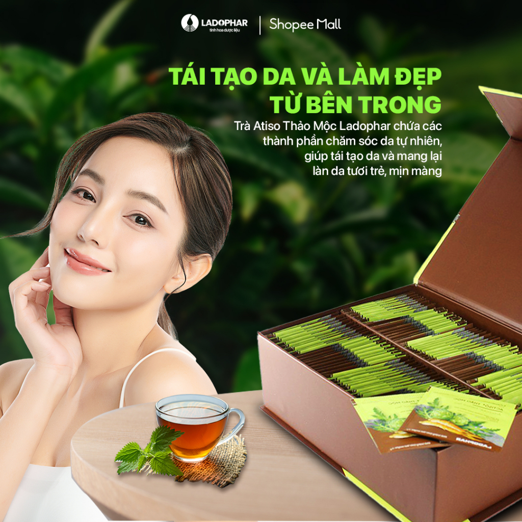 Trà Atiso + Thảo Mộc Ladophar Trà túi lọc atiso Đà Lạt giải độc gan, tăng cường chức năng gan Hộp 100 túi lọc