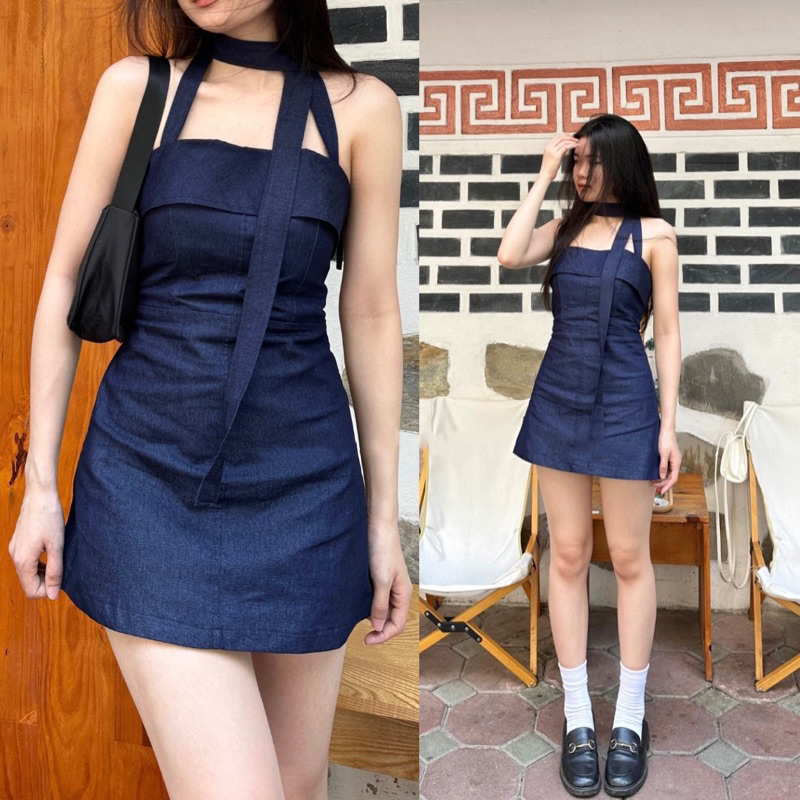 Váy - Đầm Denim dáng chữ A cup ngự c dây yếm cổ tặng kèm bell cổ