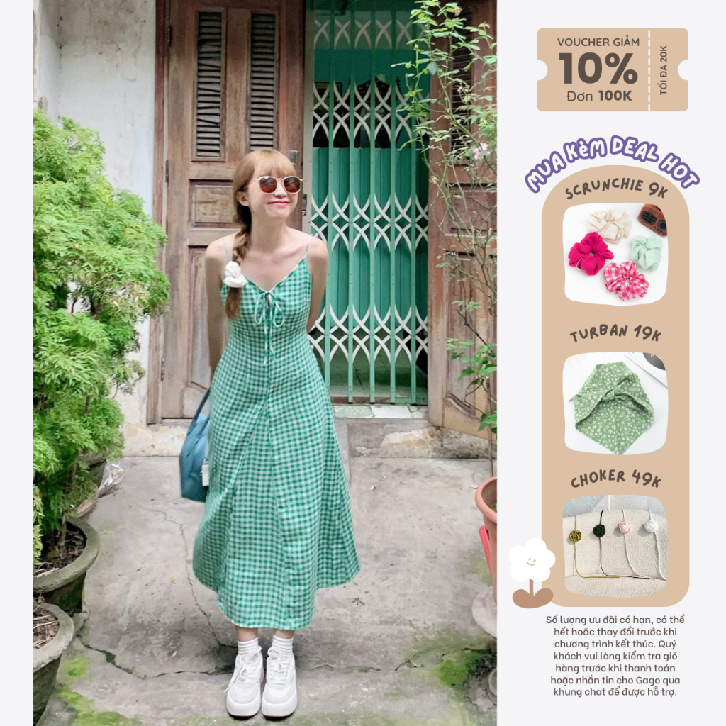 Đầm dây midi form xoè rã cách điệu thời trang thắt dây ngực thời trang GAGO hoạ tiết caro xanh lá GG4223