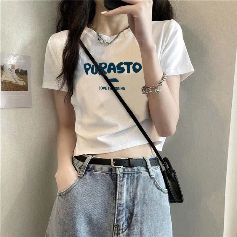 Áo Thun Croptop PURSEZO chữ màu xanh dương kiểu nữ